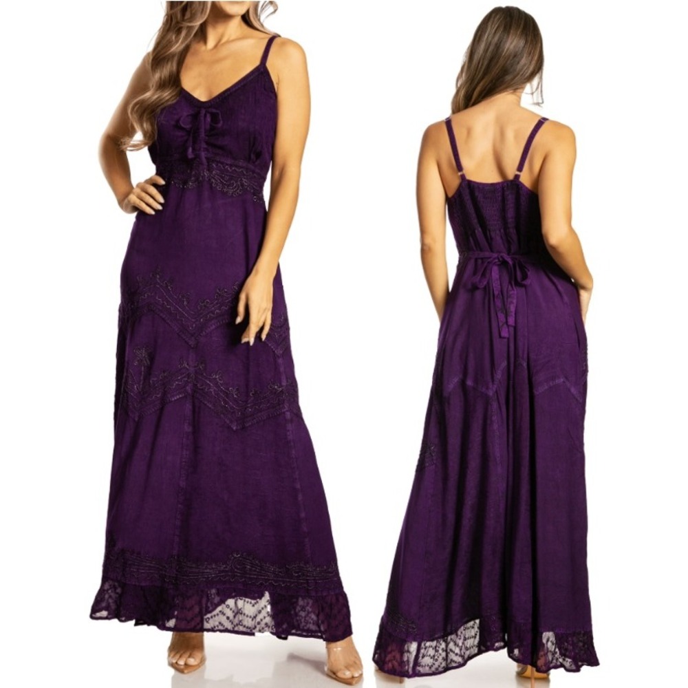 Sakkas Purple Embroidered Boho Maxi Dress Sleeveless Smocked Back 1X/2X 4012 NEW